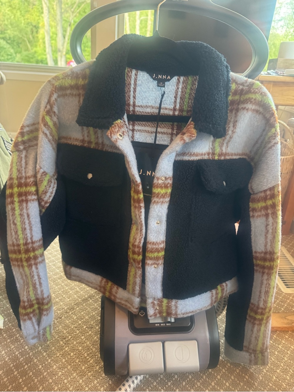 Women’s Blue, Brown and Pale Blue Plaid Sherpa Jacket